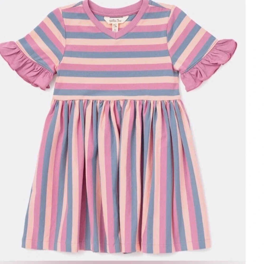 Matilda Jane Girls Emery Pink Blue Striped Ruffle Sleeve Dress Size 10 32005D